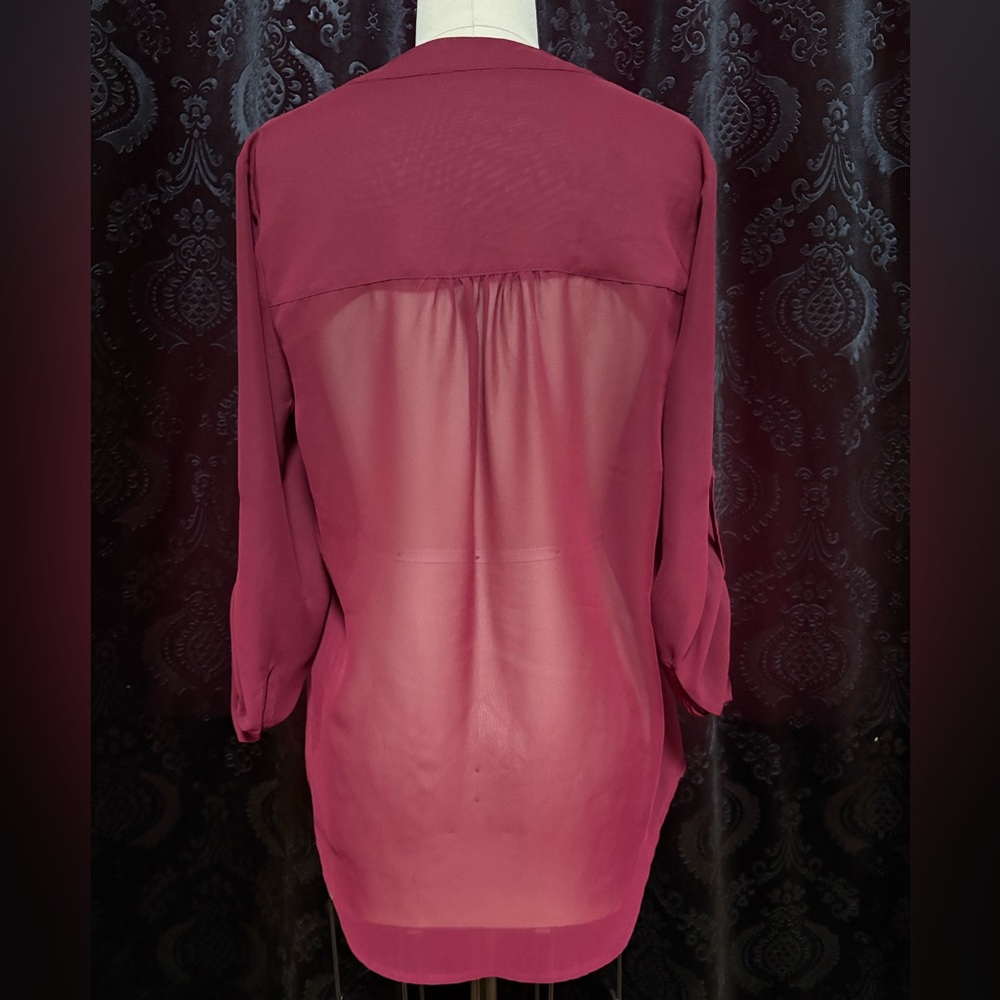 Sheer V-Neck Blouse in Deep Raspberry - Picture 2 of 2